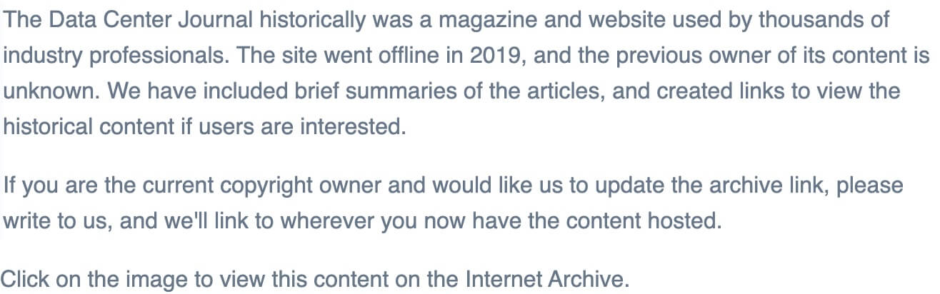 The Data Center Journal's archive statement on content whose ownership we have not been able to track down